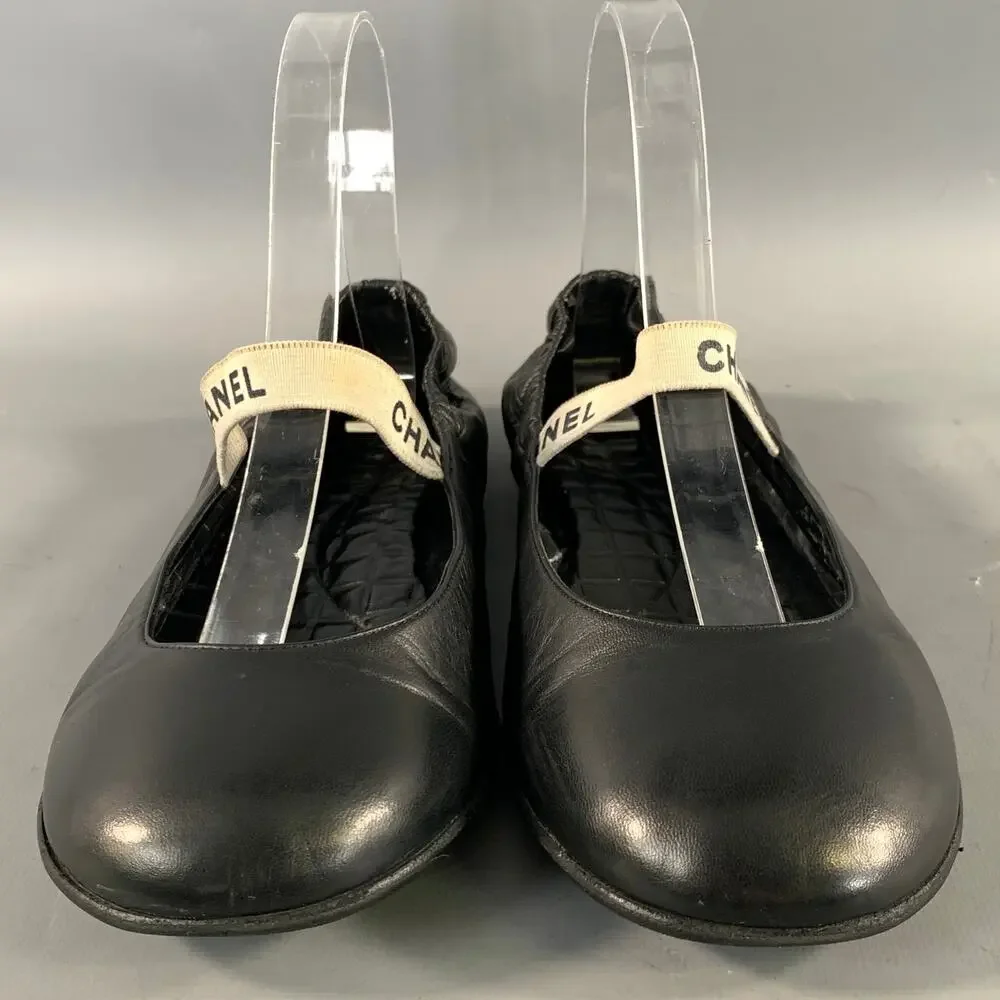 CHANEL Size 9.5 Black Leather Ballet Flats